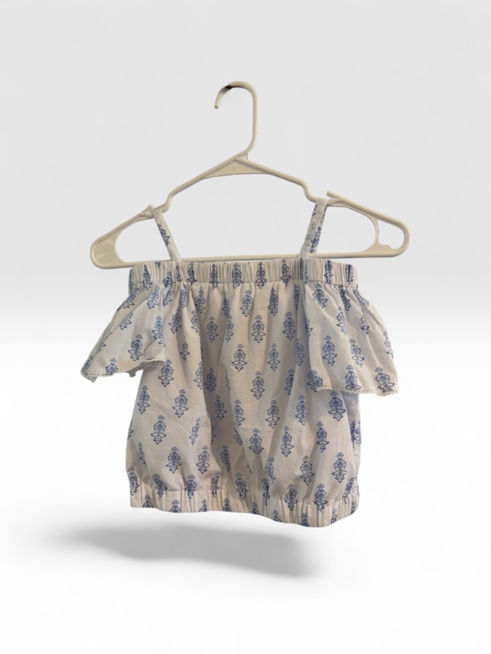 Haute Hippie White Off-Shoulder Top with Blue Print Girls size M (7-8)